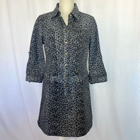 80s Vintage Denim Leopard Print Mini Dress Sz 10 Black & Grey Metal Rockerchic - Picture 1 of 13